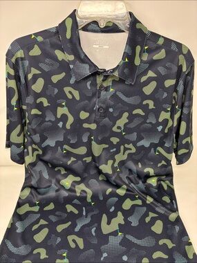 BCG Golf Blue Polo with Green & Light Blue Abstract Print M